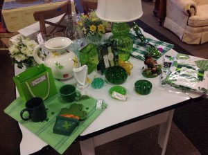 St. Patrick's Day merchandise displayed on a table