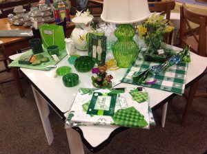 St. Patrick's Day merchandise displayed on a table