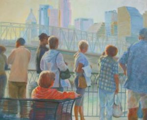 Painting of people gathered on the riverfront