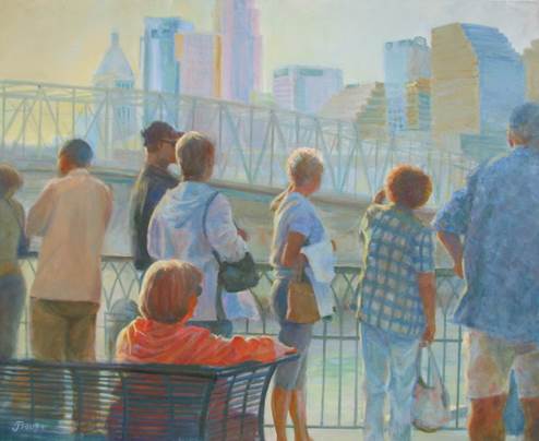 Painting of people gathered on the riverfront