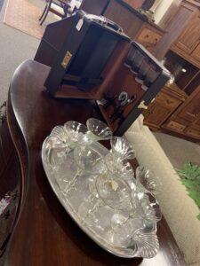 Portable bar set and silver tray with cocktail glasses