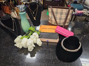 Vintage designer accessories on display