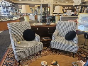 two black and white checkered chairs
